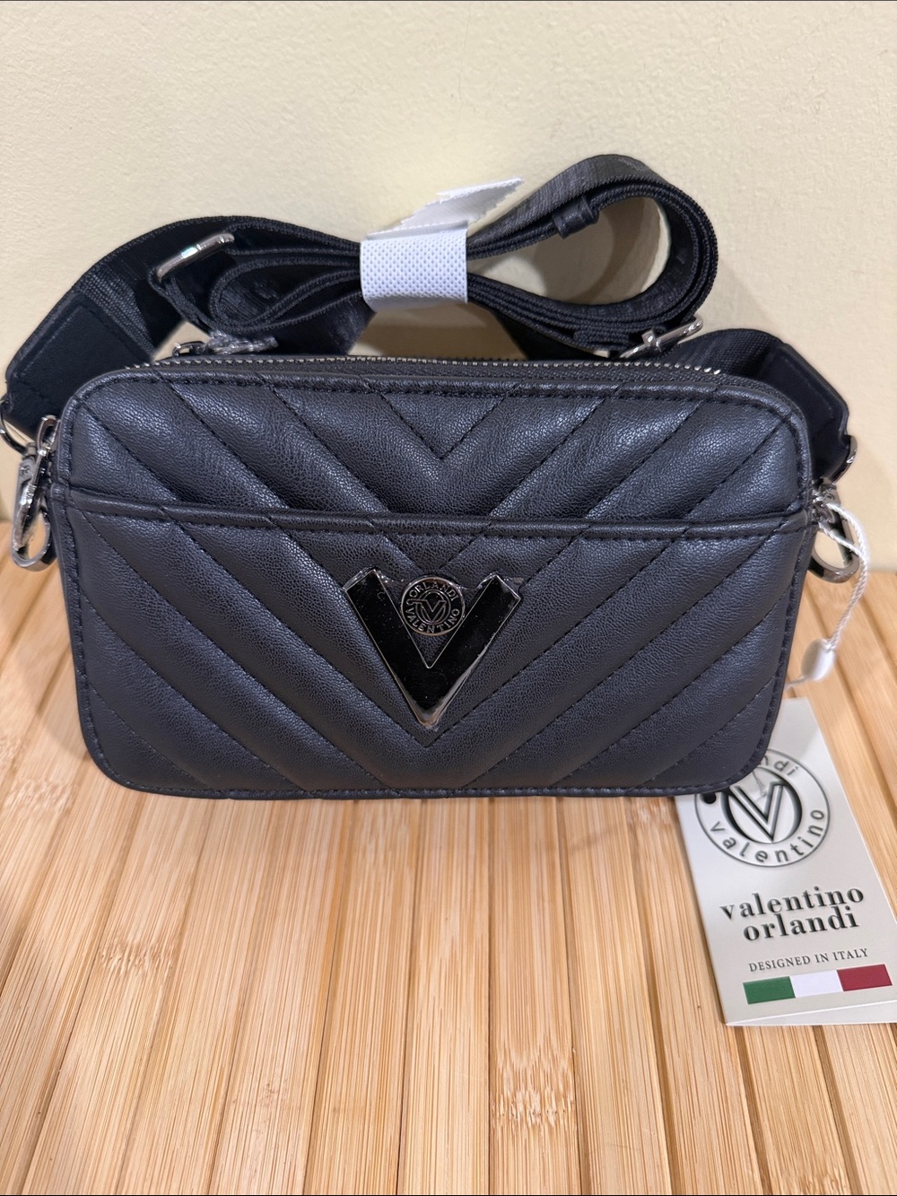 Valentino Orlandi Black Quilted Chevron Crossbody with V Logo